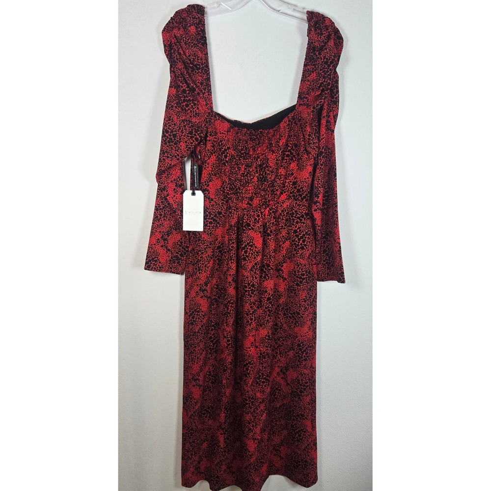 Nordstrom Leith Red Chili Black Dot Dress Smocked Dress Animal Print S Slit NEW - Picture 2 of 11